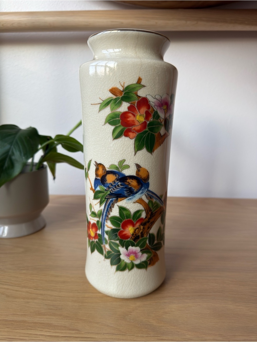 Vintage Japanese Kutani Satsuma Style Vase 11” Crackle Glaze Birds & Camellias